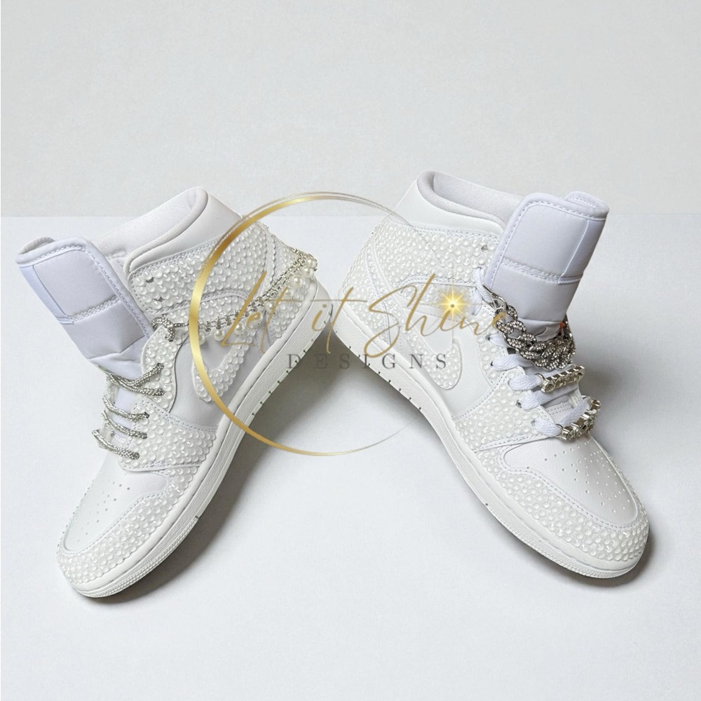 White Bling Wedding Jordan 1 Mid Custom Rhinestone Sneakers - Picture 4 of 12